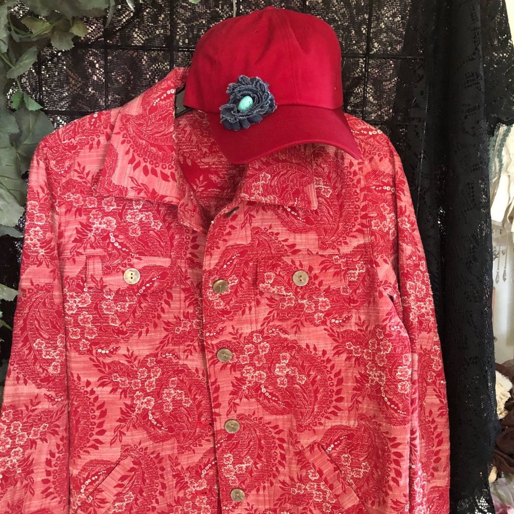 REBECCA MALONE red jean jacket Size M with matching cap